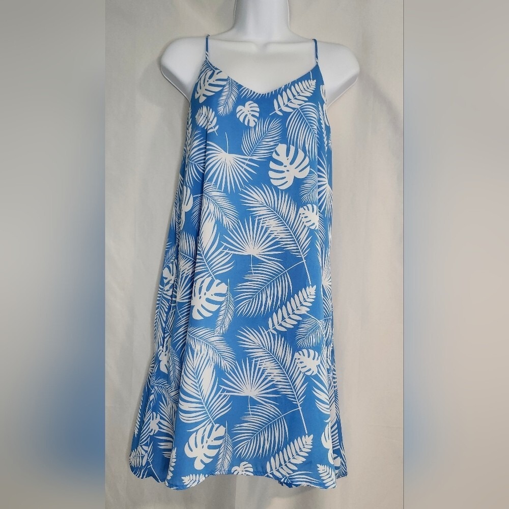 Pink Lily Womens Trapeze Dress Size S Blue White Tropical Resort‎ Coconut Girl